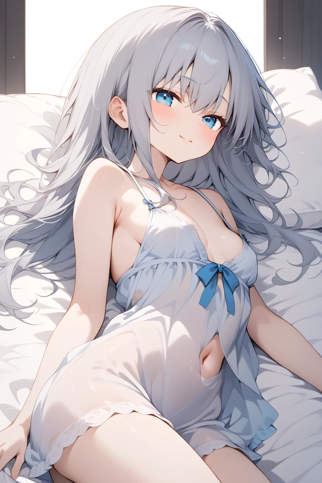 (Best qurity ;1.2),1girl(she has wife aura,very horny,her feeling become more unbearable:1.2),medium breast,sweaty,Long hair,white hair,nice eye(thigh sock,full body shot),ribbon,(,cute,),tsundere,see-through evening gown,(requesting a hug,beging,she on heat mode,pleading eye,blush,asking to make baby),birth mark on thigh,(lying on bed,hand hold bed sheet very thight)