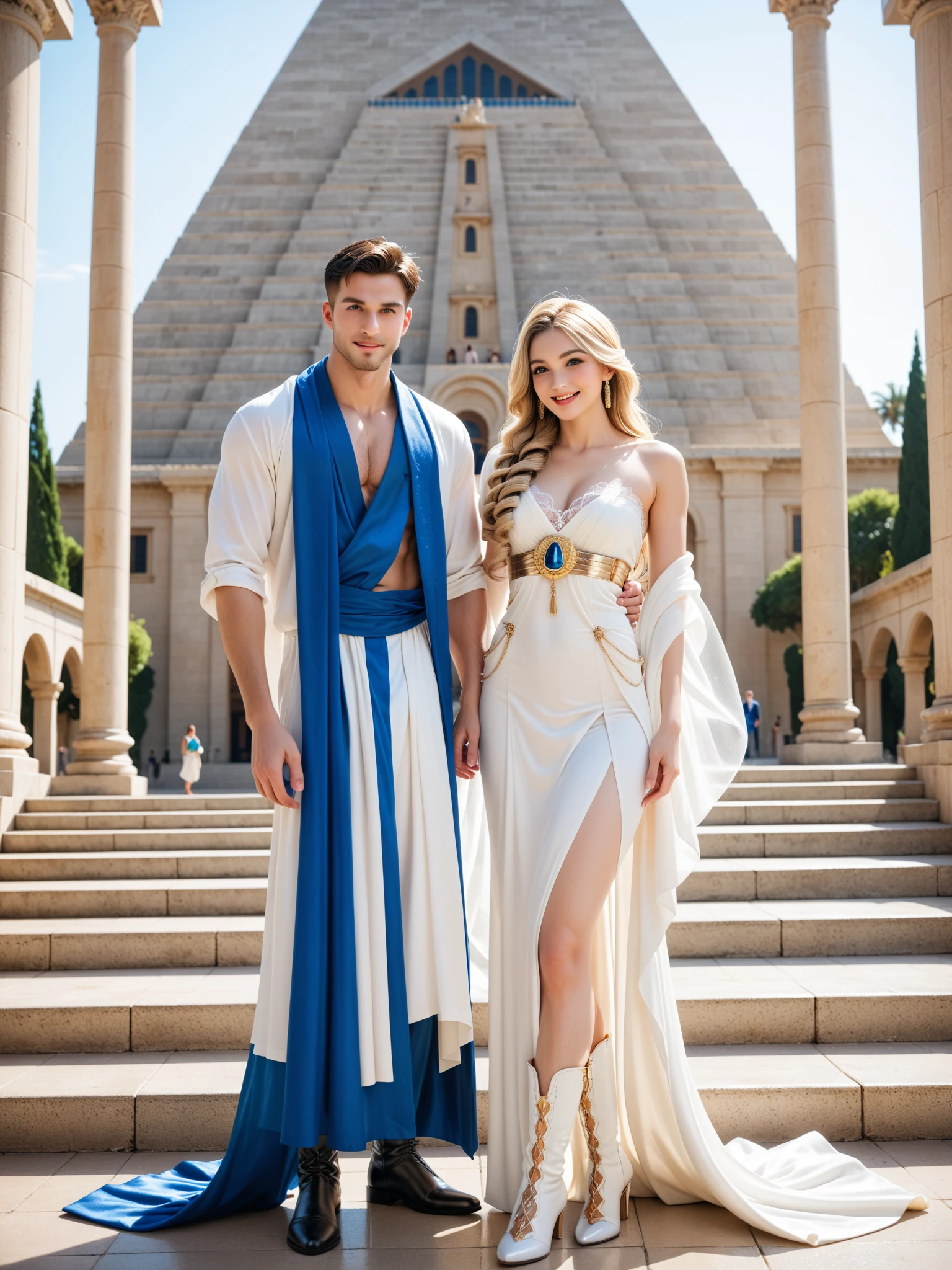 The Middle Ages, the ancient Arab state, the magnificent ancient Arab palace of Agrabah. Tall, handsome, statuesque, masculine adult man, tanned skin, attractive good looks, long straight platinum hair, blue eyes, athletic build, Arab prince dressed in ancient Arab clothes, beautiful figure. Realistic image. Masterpiece, perfect image, realistic photos, full-length image, 8K, detailed image, extremely detailed illustration, a real masterpiece of the highest quality, with careful drawing.