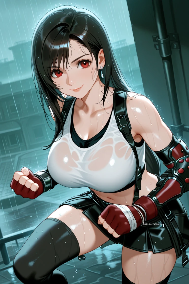 beautiful girl Best Style Fight the enemy anger Sweat Black Leather Gloves Combat Uniform Big Breasts Light clothing Martial Arts black leather skirt White Tank Top black garter belt Dirty face and clothes White liquid all over the body Black bra underneath a white tank top humiliation Naughty expression