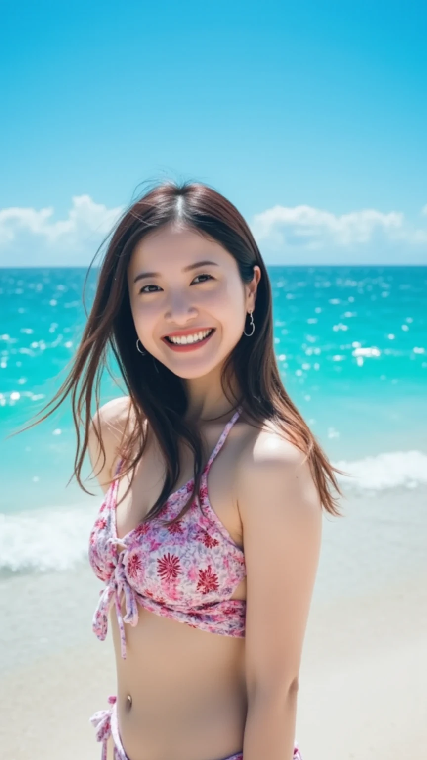 (8k, RAW photo, best quality, masterpiece:1.2), (realistic, photo-realistic:1.4), (extremely detailed 8k wallpaper), (lovable, enchanting) girl basking in the sunshine as she swims in the ocean, her smile as bright as the sun, wearing an adorable Bra Top, with a scenic coastal cliff backdrop.