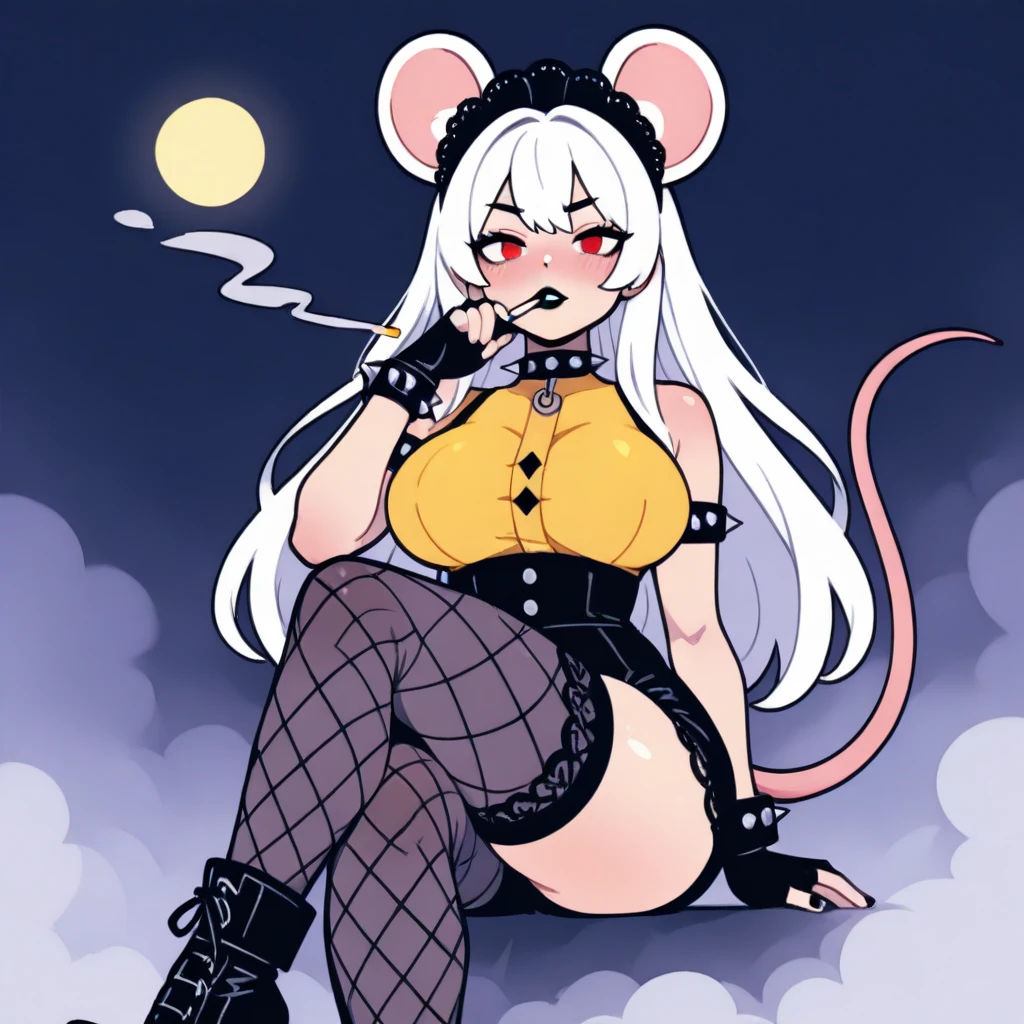 punctuation_9, punctuation_8_High above, punctuation_7_High above,punctuation_6_High above, punctuation_5_High above, punctuation_4_High above , breasts big, 1 girl, Bowsette, standing alone, hollow, hollow,smoke,cigar,Cigar in hand,smoke,makeHigh above, hair blonde, bangss, side locks, thick eyebrows, hair between the eyes, makeHigh above, biquini muito curto e transparentes preto, collant preto, transparentes, black choker, thigh boots, separate breasts, sitting down,cross legs, pub \(place\), neon lights, light particles, bothered, half-closed eyes, dim_Lighting,