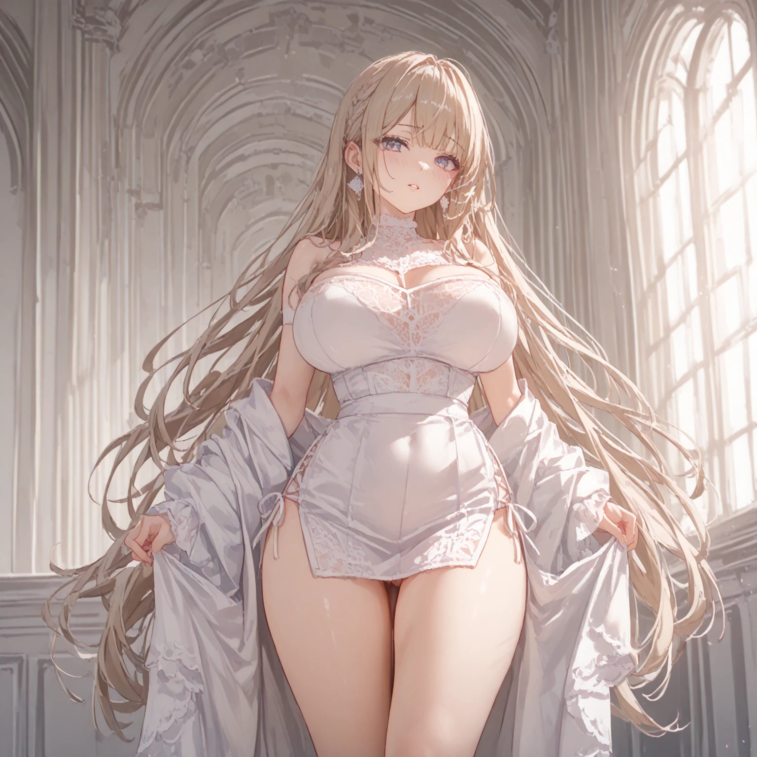 (from below:1.2),(from side:0.9), (Close-Up:0.6), highest quality、(real、photorealistic:1.4)、(RAW photo:1.2)(Curve,Model,glamor:1.5),Beautiful breasts,colour_aberration,beautiful detailed shadow,Beautiful eyes,Beautiful body,Beautiful skin,beautifull hands,(medium_breasts:1.5),1 girl in, (perky chest:1.2), (pointed chest:1.2), dark bronde hair,long hair,side ponytail,hair between eyes,bangs,Purplish brown eyes that dreamers desire, (Blonde hair) , small stature, Colossal tits, Lori, (masutepiece:1.2, Best Quality), (finely detailed beautiful eye: 1.2), (beautifull detailed face), (Best Illumination, extremely delicate and beautiful), ((Cinematic Light)), Dramatic light,Ultra Contrast、Braid a little around the ears, clavicle, red long dress、only has 5 fingers,Her pussy is visible through the see-through white thong、Wet pants、You can see inside your underwear、full of sweat、mocking look、diaper、nffsw,Arms crossed、grab the arm、Shoot from below、The angle is as seen from below.、Best Quality、Large breastuscular pussy:1.2、Pubic hair,high-level image quality、hightquality、8K,perfect hand、5 fingers、finger pin、Perfect Finger、see-through T back、Naked、noise cut、bullet hand、Her hair color should have been a brighter brown,The skirt part is also carefully expressed,brown skirt、the skirt is floating in the wind:1.3、see-through purple panties、Pubic hair majority,(with sparkling eyes and a contagious smile),her thin pubic hair:1.2, looking at viewer