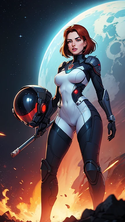 Scarlett Johansson on an alien planet, bright red curly hair, detailed face, maximum Scarlett Johansson, very beautiful figure, large breasts, very narrow waist, wide hips, sexy defiant pose, bright cyber armor, bright white and orange inserts on the armor, shoulder pads, many details, spy gadgets hung on the armor, super detail, subdued night light, contrasting shadows, highlights, comic book superhero, 4k quality