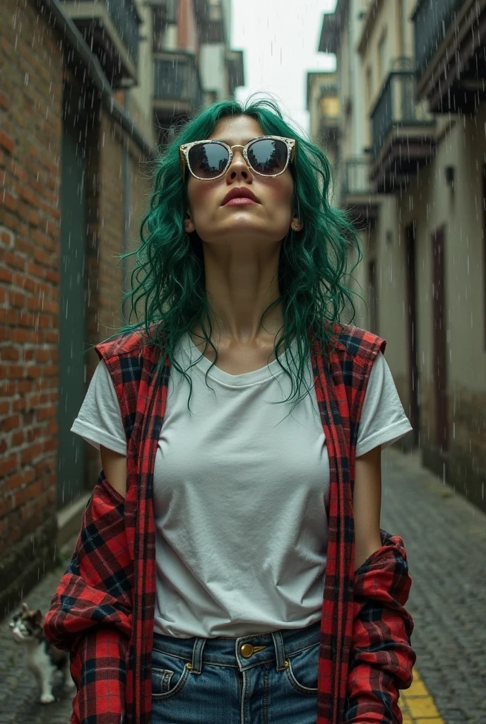 estilo realista, mulher, 24 anos, branca, peitos enormes, cabelos verdes, olhos castanhos, wearing a white t-shirt with a large neckline, red plaid blouse , saia azul curta, showing the pulp of abundance, wearing dark glasses with black lenses and white frame, looking up while it rains, her t-shirt is wet and semi-transparent, she is in an alley of a city, with a wall with exposed bricks, a cat walks in the background, dark lighting, natural, obra de arte