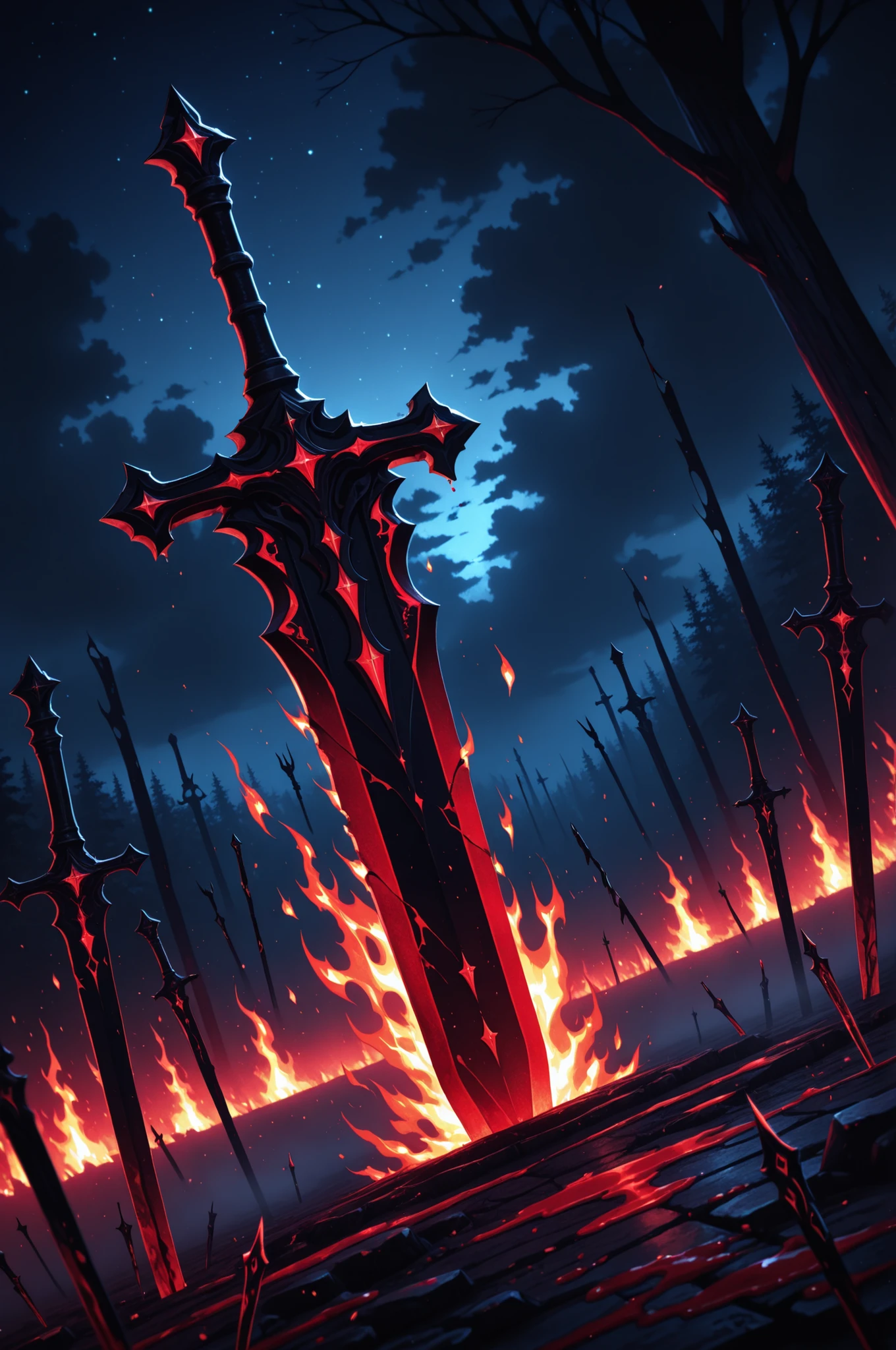masterpiece, high resolution, 8k wallpaper, ultra-detailed illustration, delicately detailed background, magnificent details, exquisite details, dynamic angle, dutch angle,
a magnificent sword stuck in the ground, blood stains, flames, broken arrows,
darkness, night, fog, mist,