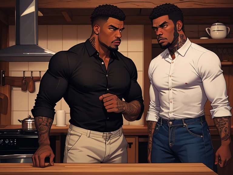 a hot black male, savon jackson, well-trimmed beard, dark skin, fade haircut, early 20s, sitting on bar stool in modern kitchen, beefy muscular body, big juicy jiggly pecs, extremely detailed, realistic, photorealistic, 8k, high quality, cinematic lighting, dramatic shadows, warm color tones