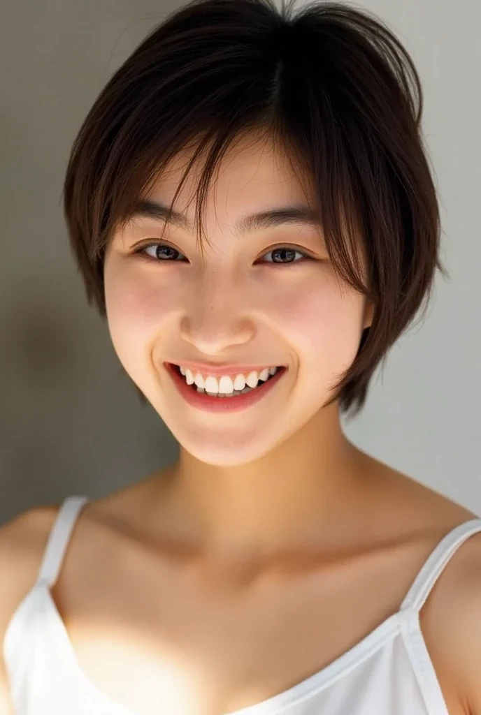 NSFW:1.5,((highest quality、8K resolution、master masterpiece、portrait:1.3)), Photoreal, 35mm film, 1 Japanese female, Upper body、on the street during the day, pixie bob cut_boyish、wrinkles around the eyes, plump body、smile,((white bra_panties:1.3)) , (outdoor:city street 1.3), jumbled background,look at the audience,Tokyo cityscape:1.3,smile