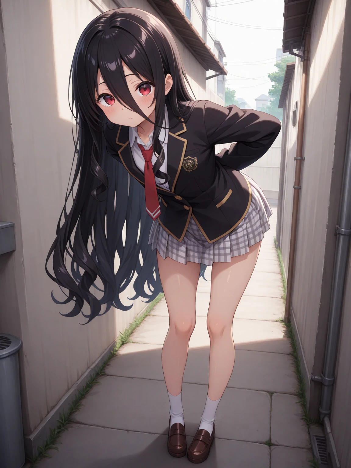 (super fine illustration:1.3), (best quality, masterpiece:1.2), (blush:1.5), (Expressionless:1.3), (straight face:1.3)
(flat chest, small breasts, A-cup breasts, extremely small breasts:1.6)
(black hair:1.3), (long hair:1.3), (two side up:1.2), (beautiful red eyes:1.2), (big eyes:1.2), hair bow
(slim thighs, long legs:1.2)
anime, highly detailed face, hair ornament
<lora:age_v2:1.9>
(beige cardigan, sleeveless cardigan:1.3), (lifting skirt:1.4)
(skirtliftfront:1.3), (panties:1.3), pleated skirt, (white shirt:1.3), necktie, spoken heart, thigh, (standing:1.5), short sleeves, sweatdrops, tanned skin, gyaru, hairpin, (simple background, white background)
 <lora:SkirtLiftFrontLora:0.8>