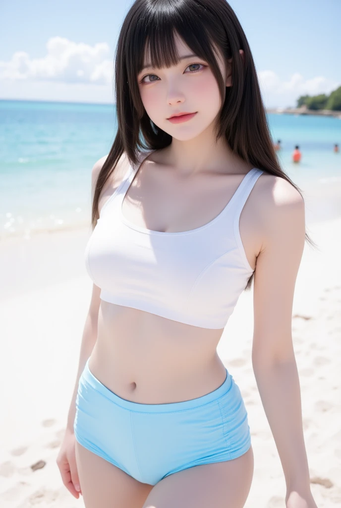 (masterpiece, Highest quality:1.3), smile、(Very detailed:1.2), (hyperRealistic:1.3), (RAW Photos:1.2),(Spread your legs:1.4)、High resolution raw color photos, Professional photos, (PhotoRealistic:1.4), (Realistic:1.4),(Small Nose:1.4)、(Glare:1.4)、Big eyes、Long eyelashes、Professional Lighting, Perfect Anatomy, (Very small breasts:1.2), (Detailed face), (Cute appearance:1.5), (pink brown hair)、(Straight long hair:1.5), necklace, bracelet, (Sexy photo pose with legs open:1.8), (Beautiful woman wearing light blue school swimsuit: 1.4)、(Sunset on the beach:1.4)、(Ear Piercing:1.4)