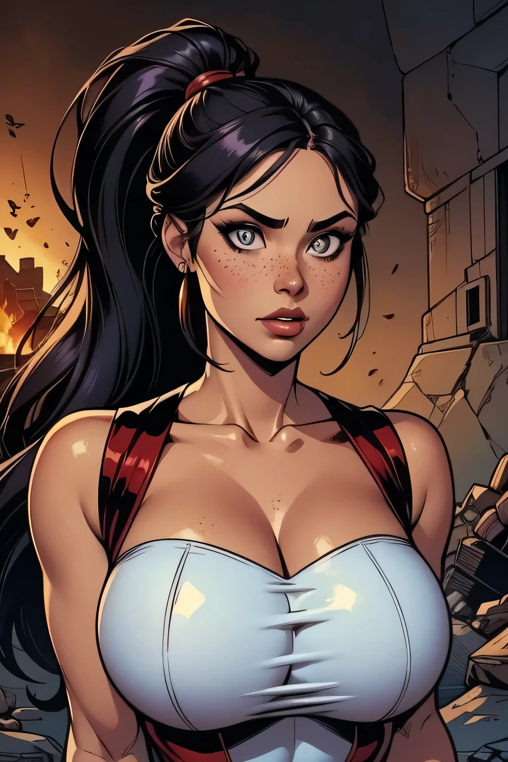 The image shows a character in a powerful and determined pose. she's leaning forward, with the body slightly bent, as if preparing to attack or react to something. His facial expression is serious and intense, with eyes focused and eyebrows furrowed, conveying a sense of anger or determination.
The character holds a long, shining sword in his right hand., pointing the blade down. His hand is firmly wrapped around the hilt of the sword, showing readiness for combat. She is wearing a white shirt open at the chest., revealing part of her bust and a bodice decorated with a golden serpent symbol. There is visible blood on your clothes, on the blade of the sword, and in parts of your body, suggesting that he has just come out of a battle.