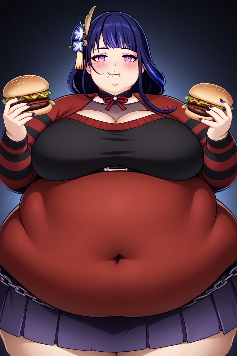 (((baby))), (((cute little))), ((school clothes)), ((blue hair)), ((chubby)), ((fat face)), fat wide thighs, belly, (((holding a hamburger with both hands))), (((background of a kitchen))), detailed background, (((open mouth))),