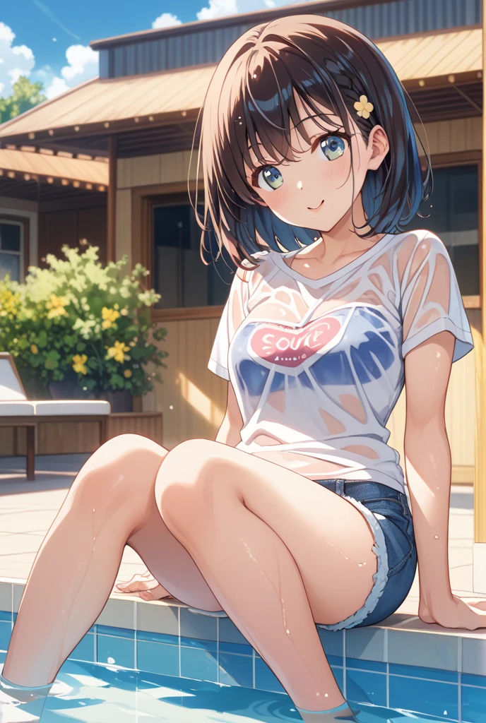 (8K、masterpiece、Highly detailed background、high resolution、Portrait、Knee Shot、Front lighting)、（Beauty、20-year-old、Short Hair、Brown Hair）、（My whole body is wet、、White short sleeve shirt、Underwear visible under the shirt）、Poolside、smile、Embarrassed expression