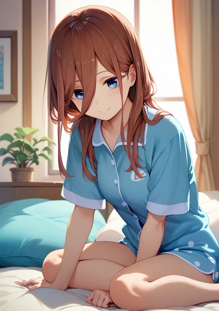 miku nakano, Nakano Miku Ticket III, long hair, bangs, blue eyes, brown hair, hair between eyes, Wake up,sleepy,T-shirt slightly open,black string pants,barefoot,smile,Bedroom,light goes out, covered with a blanket, windows,ロマンチックなmorning日,morning,extreme light,sitting on the bed,
break indoors, Bedroom,
break (masterpiece:1.2), highest quality, High resolution, unity 8k wallpaper, (shape:0.8), (beautiful and detailed eyes:1.6), highly detailed face, perfect lighting, Very detailed CG, (perfect hands, perfect anatomy),