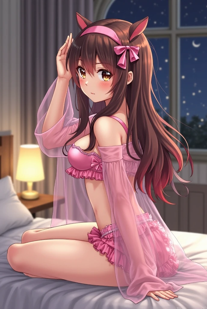 beautiful illustrations, highest quality, pretty girl, 1girl, Bedroom, pastel colour, (two-separated lingerie), reddish brown long hair, headband, cute lingerie, bright lighting