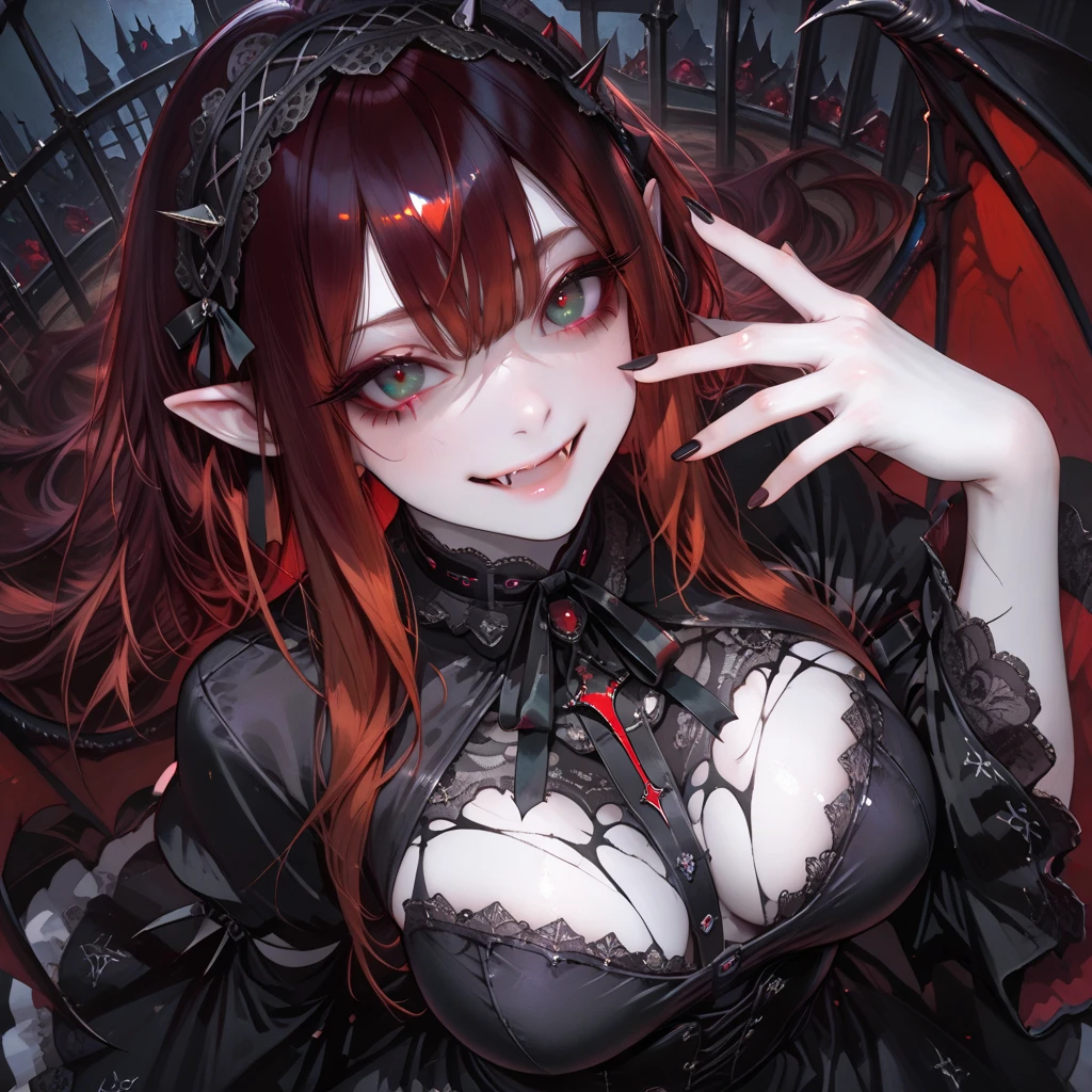 Hindenburg, ahoge, demonic horns, 1 sister, Alone, humongous large breast, from below, heart - shaped pupils, Open your lips, Heavy breathing, Steaming, Say it out loud, Black even, dark man, , The face red, perspired,Wear gloves on elbows, Black gloves, ,Wet, Shiny, Wet hair,