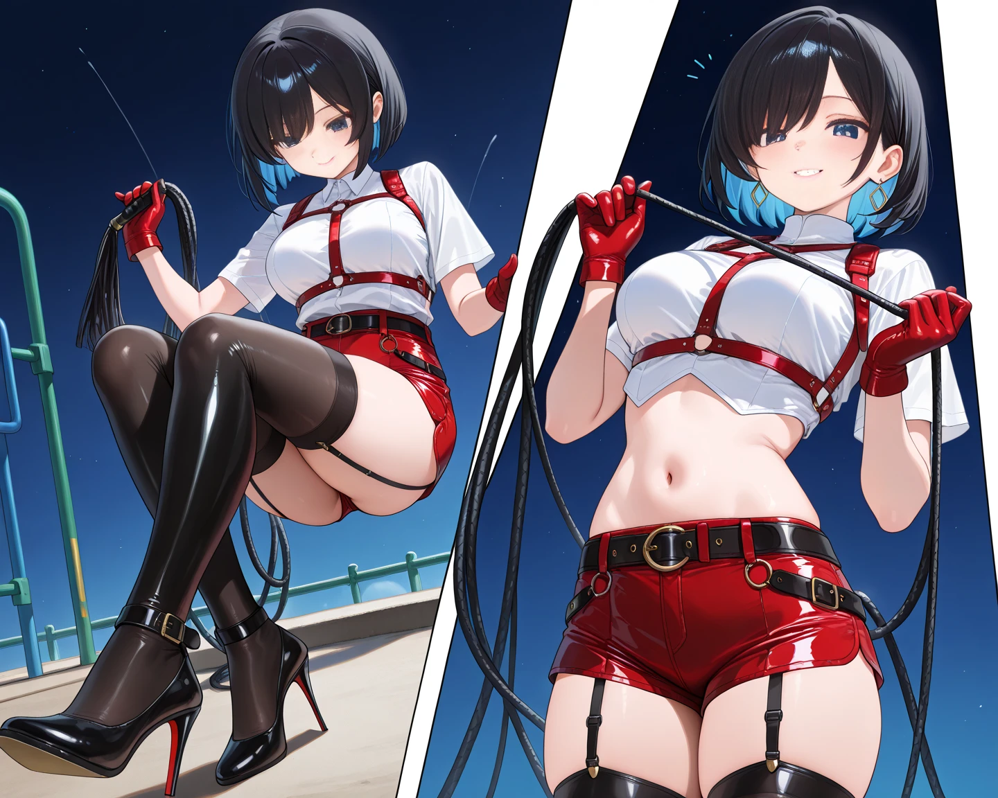 (((Highest quality)), ((masterpiece)), (detailed), prison, One person, akanechan,  ((((from below:1.3)))), femdom, dominatrix, ((looking at viewer)), ((bare shoulders)), ((black bustier)), ((black stockings)), ((black g-string)), ((black high heels)), ((black garter belt)), ((black elbow gloves)),  female squatting, ((evil grin)), open legs, pee, peeing, pissing, stare at viewer with stern eyes, ((((looking down:1.4)))),