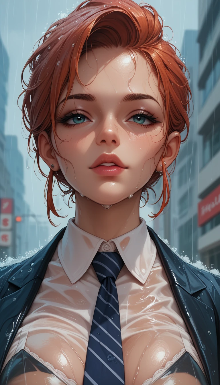 (DollieNobodySD15:0.8) portrait beautiful ginger woman wearing a business suit long sleeve button shirt caught in the rain curly red hair wet hair, busy city background night dark, (masterpiece:1.2) (illustration:1.1) (best quality:1.2) (detailed) (intricate) (8k) (HDR) (wallpaper) (cinematic lighting) (sharp focus) <lora:zovyaWetHairLORA64_V1:0.95>