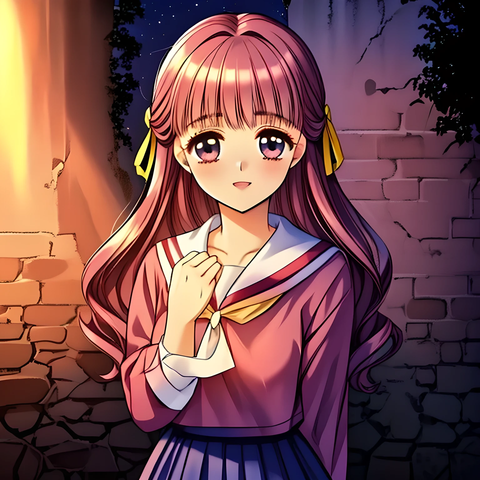 (highest quality, masterpiece:1.5), highest quality, High resolution, 1080p, 8K, (Too beautiful, Sakuragi mai, ((Too much beloved)) noble grown beautiful beautiful lady with detailed is summoning me to pleasure with her at night, the lady is lighted: 1.4), (Happy face with unreal beauty: 1.0), ((Neatest school uniform and skirt: 1.6)), (Too beautiful dreamy eyes charm me), (Nothing background except darkness: 1.8), ((purity and neatness is very impressing): 1.8), (Half body shot: 1.6), (Beautiful blue eyes), (shiny pink super-long wavy hair), (golden ear accessories and pendant), (Diamond rings)