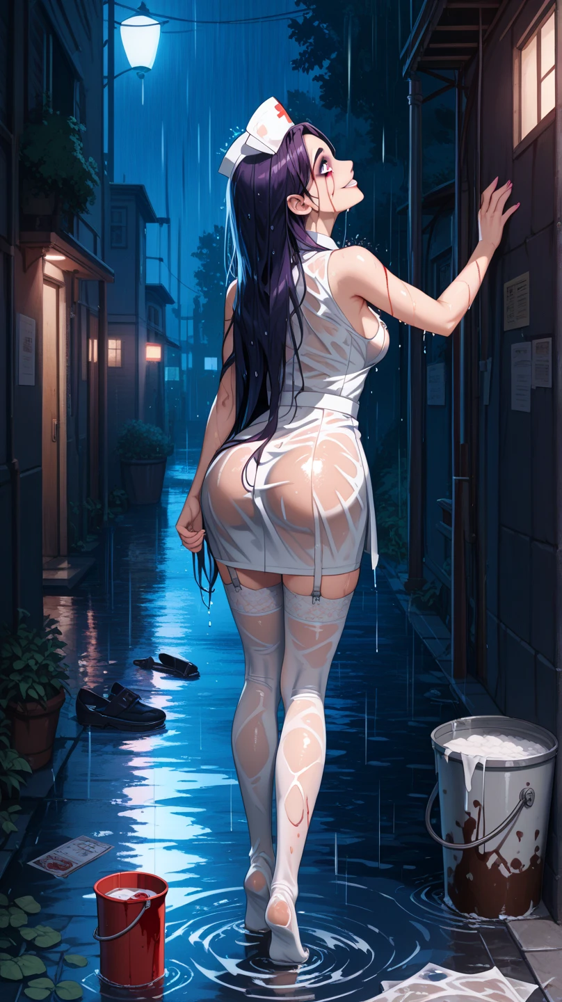 best quality,masterpiece,1girl,(rainy days:1.23),Heavy rain,soft lighting,HDR,beautiful detailed light,
(best shiny skin,(withe skin:1.3),(detailed pupil, beautiful eyes, detailed eyes, expressive eyes), (hand on own stomach:1.32),waterpark, large breasts,wet, 1girl,high heels,facing viewer,(very long hair:1.21),parted bangs,seductive smile,(curvy:1.4),,cinematic lighting,(full body:1.22), <lora:Black_See-through_Bodysuit:0.73> ï¼black see-through bodysuit, (large breasts)ï¼