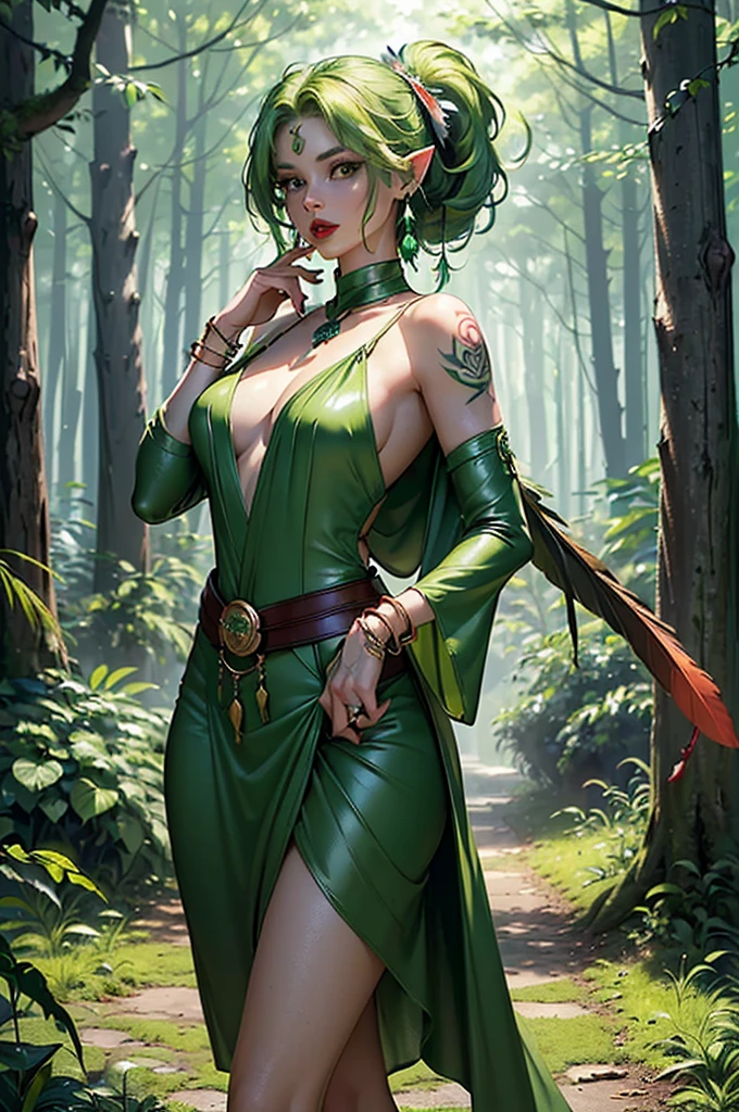 a portrait of a babe temptress , druid, leaf robe, perfect face, pretty face, brown eyes, auburn hair, Hi-top fade, very short hair, flat chest, lush detail, absurdres, clothes made of leaves, full body shot
