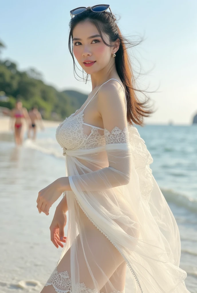 big breasts, round breasts, wearing bra inside ao dai, slim figure, beautiful figure, big breasts, ponytail, sharp 8k quality photo, ((beautiful, sharp, balanced face details) for )), ((beautiful breasts, exposed cleavage, plump body), ((beautiful sparkling eyes, sharp eye details, beautiful face)), at the beach there are many bikinis, white sand beach, sea water blue, many people at the beach((super beautiful body with high details, toned body with big breasts and slim waist)), ((thin cleavage, round breasts)), (((wearing a white bra)))