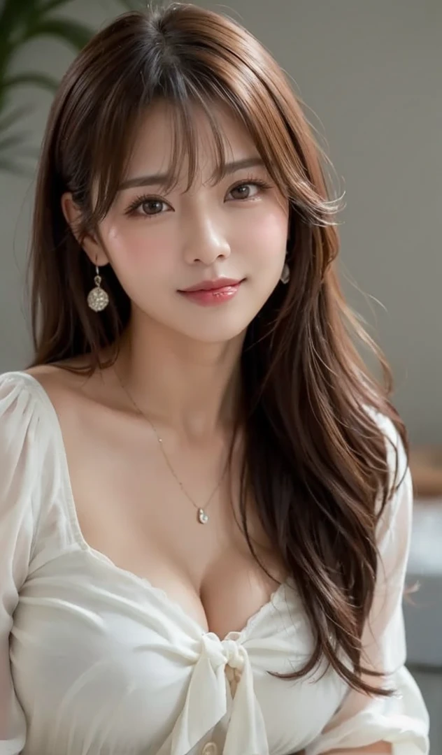 (RAW Photos), (Realistic), (masterpiece), (highest quality), High resolution, 8k, (Intricate details), (Volumetric Light), Portraiture, woman, Age 35, Medium Hair, Straight hair, Medium Chest, Accentuate your cleavage, Layered Hair, Brown Hair, Very beautiful eyes, Source order, Very thin eyebrows, Very fine skin, Very beautiful mouth, Very nice nose, Cute like an idol, smile, (Thick lips), (Looking at the audience), (White Collar Dress Shirt), Above the knee shot,