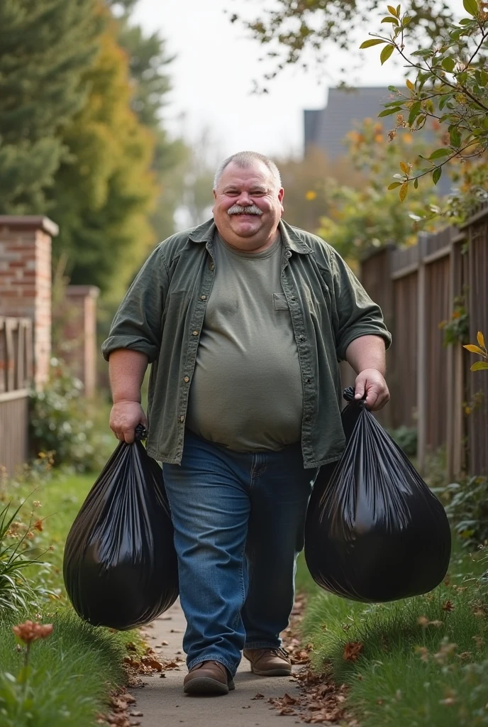 A fat  who is being thrown into the garbage truck
