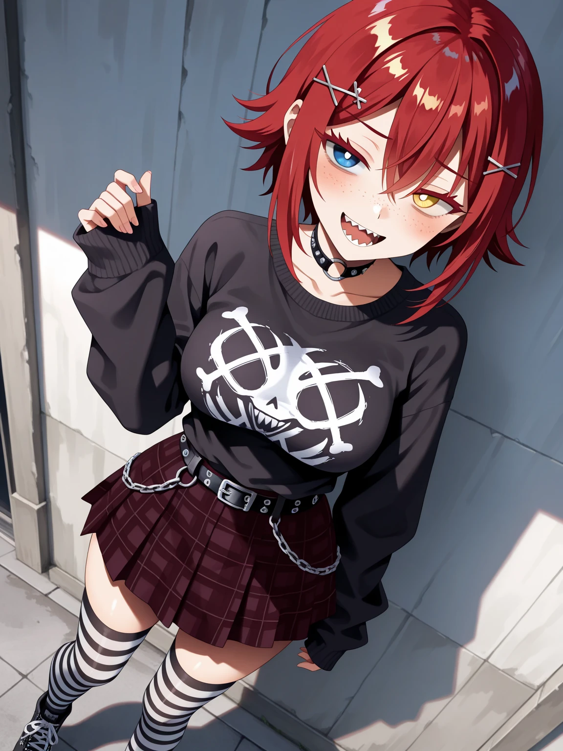 1girl in(((Laughing)))、Reaching the climax:1.３, short-cut、masutepiece、Black denim pants、（ Skeleton illustration printed shirt ）、red and dense hair、Red GI Cut、Background bokeh:1.5
