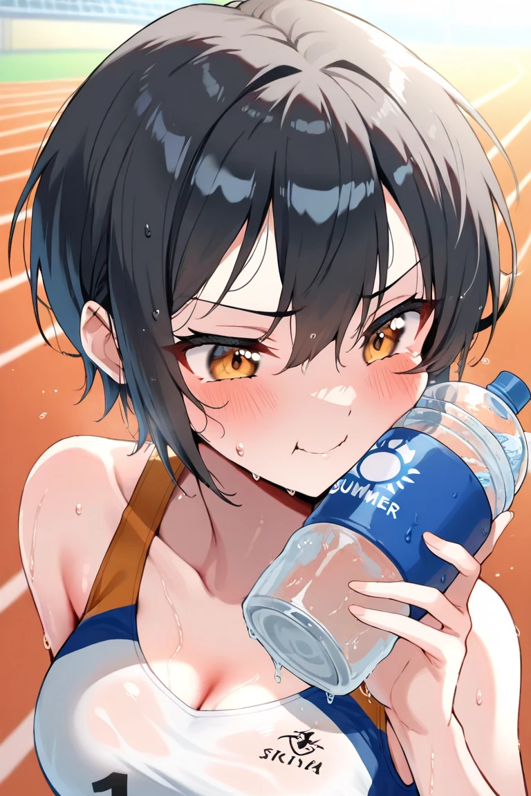 Mocha brown short cut woman. ((A woman is beaten in the face with red boxing gloves)). ((wearing a blue sports bra)). Both eyes are closed. Sweat and tears. Close-up image. Sideways face. One woman