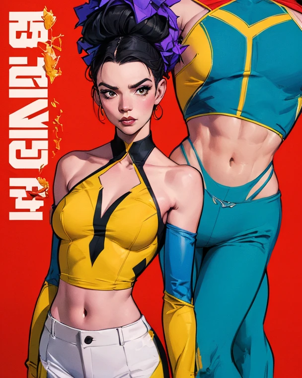 uma mulher com roupas coloridas, tights e fones de ouvido, no estilo de detalhes comics americano, retratos detalhados, airbrush art, classic americano, dark amber and blue, amarelo e vermelho