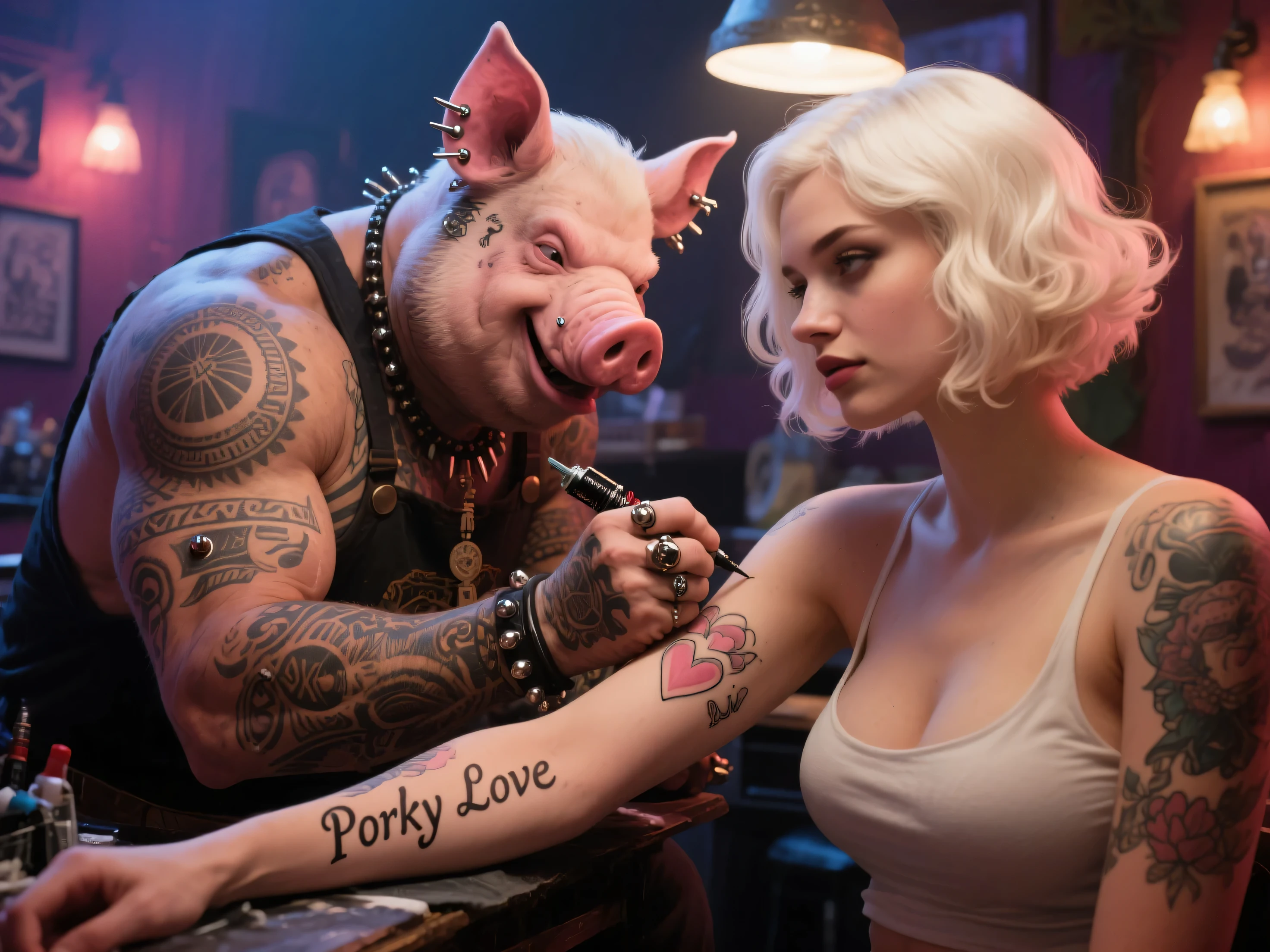 A muscular, paunchy,  anthropomorphic pig tattoo artist, covered in tribal tattoos and full-body piercings, meticulously inking "Porky Love" onto a bleach-blond female client's arm in a romanticly lit, obscure parlor. The female client is curvaceous and has a bleach-blond short wavy bob. The scene is intimate.