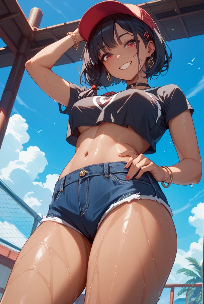 (8K、Highest quality、Highest quality、masterpiece)、Detailed face、One Girl、(Brown Skin:1.2)、Long Hair、Blue Right Eye、Yellow Left Eye、Heterochromia、Grin、(Bikini top Only、BikiniTop、Bikini Top、Denim hot shorts、Open Shorts、Unziped shorts、Mini Shorts、No Panties、NoPanties、Sexy pose、Suggestive pose、Spread pussy under shorts、frontal wedgie、wedgie、Spread vagina under shorts)、labia view、Beach、cloud、vagina、Spread Vagina、spread pussy、Big Breasts、