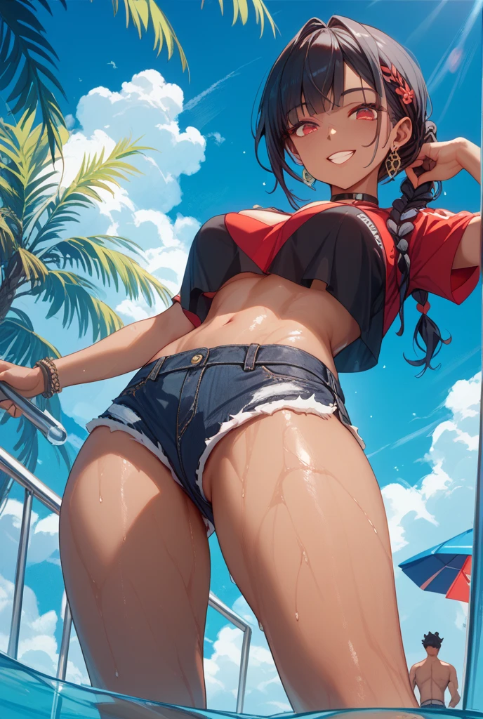 #Basics A girl is posing for a photo, animeのかわいい女の子, (((One Girl, Baby Face, Young girl, 16 years old))),
BREAK
#Clothing Accessories
((Shorts bikini:1.4, Sandals with heels)),
Gold Hoop Earrings, Fancy Necklace, Gold bracelet decorated with blue gemstones,
BREAK
#Features
((Black Hair:1.4), (Bangs that expose the forehead:1.6 (ponytail : Short Hair + Thin Hair + Hair blowing in the wind)),
(Droopy eyes, blue eyes), (Small breasts),
BREAK
#background environment
((noon, Sunshine, blue sky, Tropical resort beach)),
#Facial Expression Pose
((A happy look, blush), (Confident and powerful pose with hands on hips, Armpits are visible)),
#composition
((Face the camera, Angle from below, Cowboy Shot)),
BREAK
#Body parts elements
(Detailed hair, Beautiful Hair, Shiny Hair),
(double eyelid, Long eyelashes),
(Expression of fine eyes, Beautiful and delicate eyes, Sparkling eyes, Eye Reflexes, Glitter Eyeliner),
(Human Ear),
(Beautiful Nose, Thin Nose),
(Glossy lips, Beautiful Lips, Thick lips, Glossy Lips, Natural Cheeks),
(Detailed face, Symmetrical facial features),
(Detailed skin, Textured skin, Beautiful Skin, Shiny skin),
BREAK
#Quality
(((Highest quality)), ((masterpiece)), ((Very detailed))), ((High resolution), (16K,1080P)),
(Realistic), (Anatomically correct),
((comics, anime)), (3DCG), CG illustration,