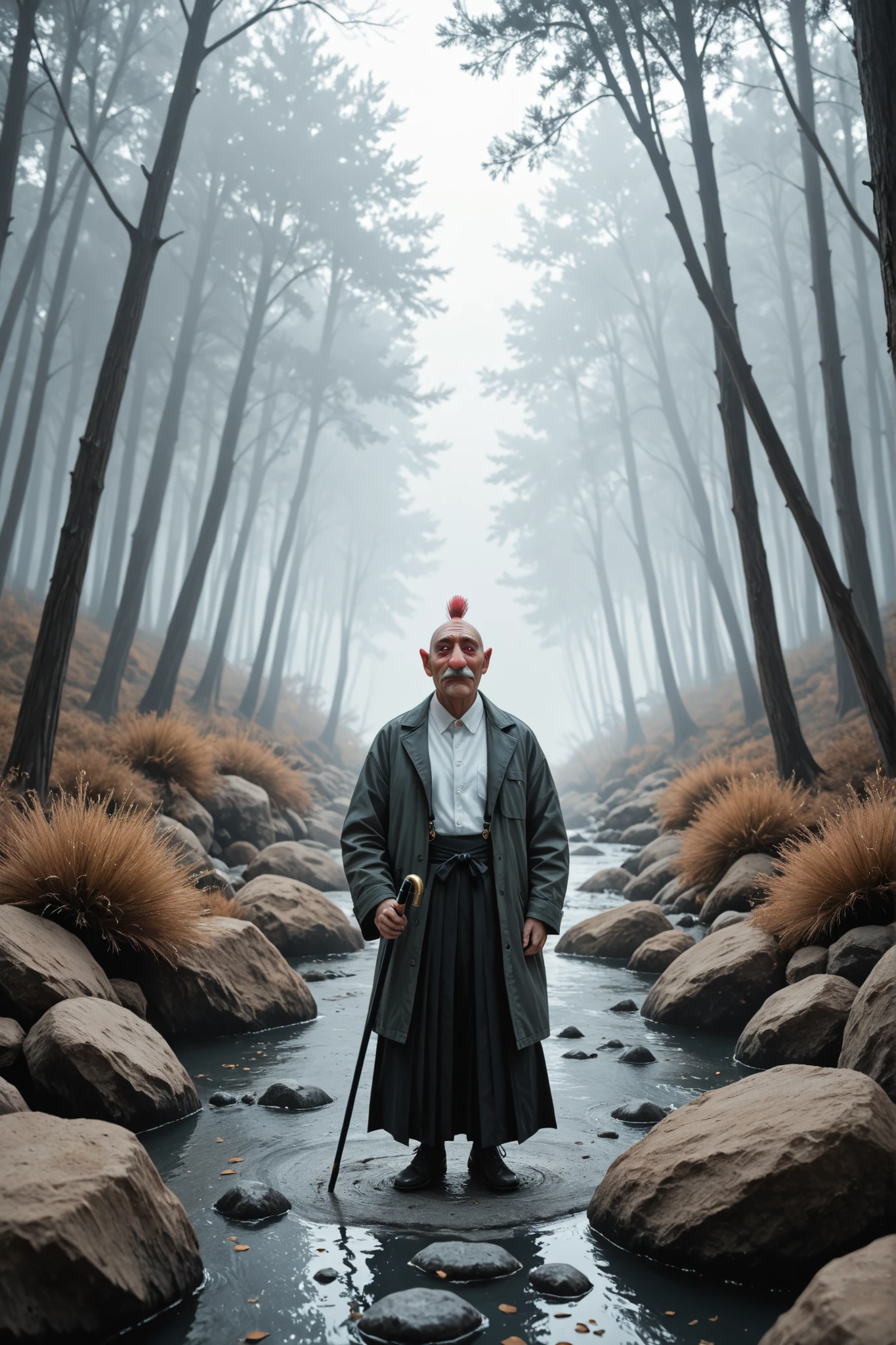Tengu Standing in Rock,Red Face,Long Nose,expression representing dignity, Wearing a Black and White Hakama,draw a coat,(feather )with a cane,Hygeta,Misty forest background,Characterized by a Modern Arrangement, scattered juice ,Soft Tones with an Overall Blue Gray and Green Base,Using White or Light Blue as Fog,create a tastic atmosphere,gold and vermilion decoration, Contemporary Art Collage ,Collage Art work, New Album Jacket,great job!!, digital collage ,Collage Art , contemporary collage,Mixed Media Collage , High Definition , surreal style in Las Vegas ,asymmetry,Visualizing the Inner World of a Crazy Mind,in detail down to the smallest detail, Hidden Details , Radical Japanese Anime ,Anime Ukiyo-e Style