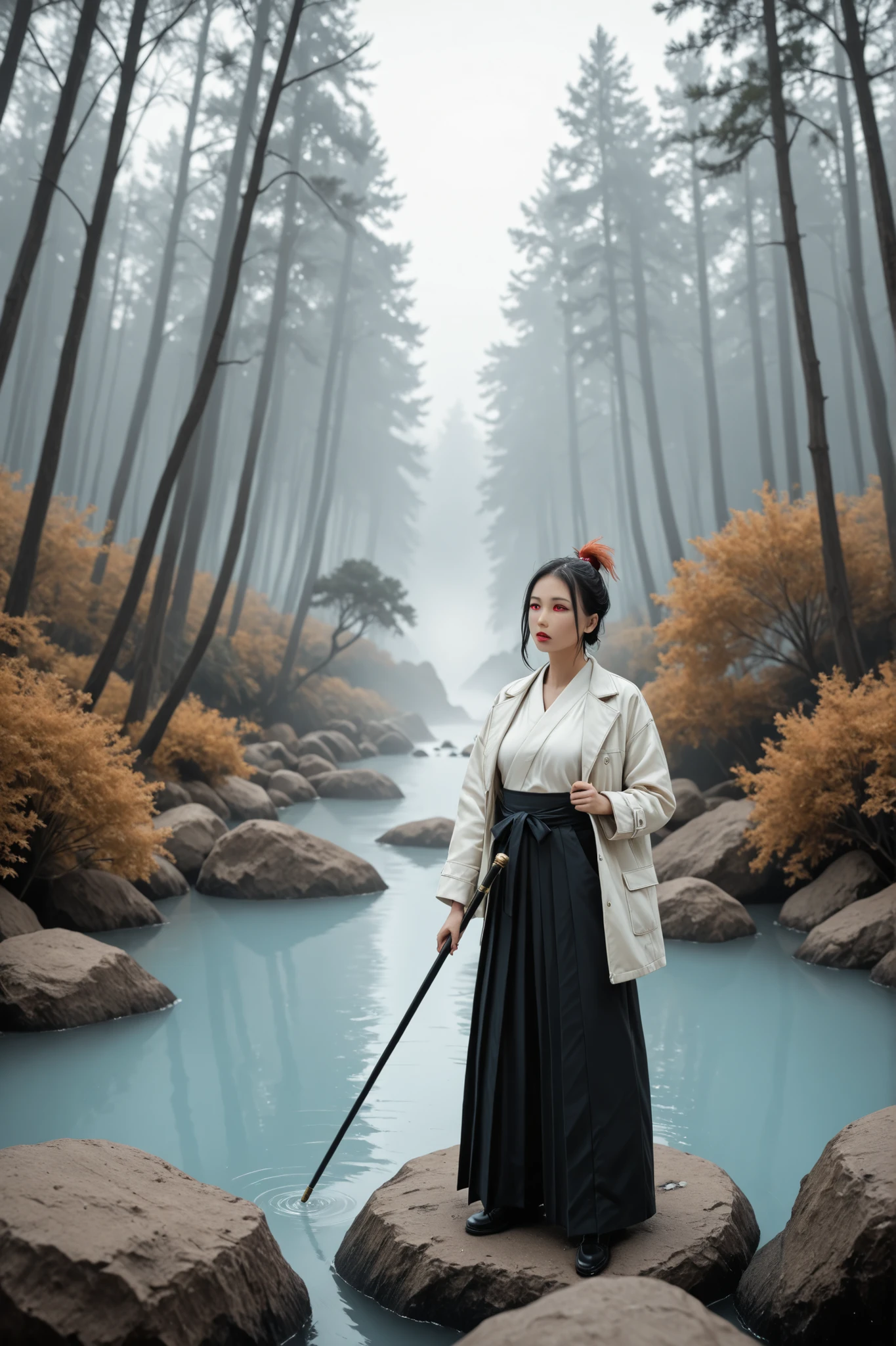 Tengu Standing in Rock,Red Face,Long Nose,expression representing dignity, Wearing a Black and White Hakama,draw a coat,(feather )with a cane,Hygeta,Misty forest background,Characterized by a Modern Arrangement, scattered juice ,Soft Tones with an Overall Blue Gray and Green Base,Using White or Light Blue as Fog,create a tastic atmosphere,gold and vermilion decoration, Contemporary Art Collage ,Collage Art work, New Album Jacket,great job!!, digital collage ,Collage Art , contemporary collage,Mixed Media Collage , High Definition , surreal style in Las Vegas ,asymmetry,Visualizing the Inner World of a Crazy Mind,in detail down to the smallest detail, Hidden Details , Radical Japanese Anime ,Anime Ukiyo-e Style