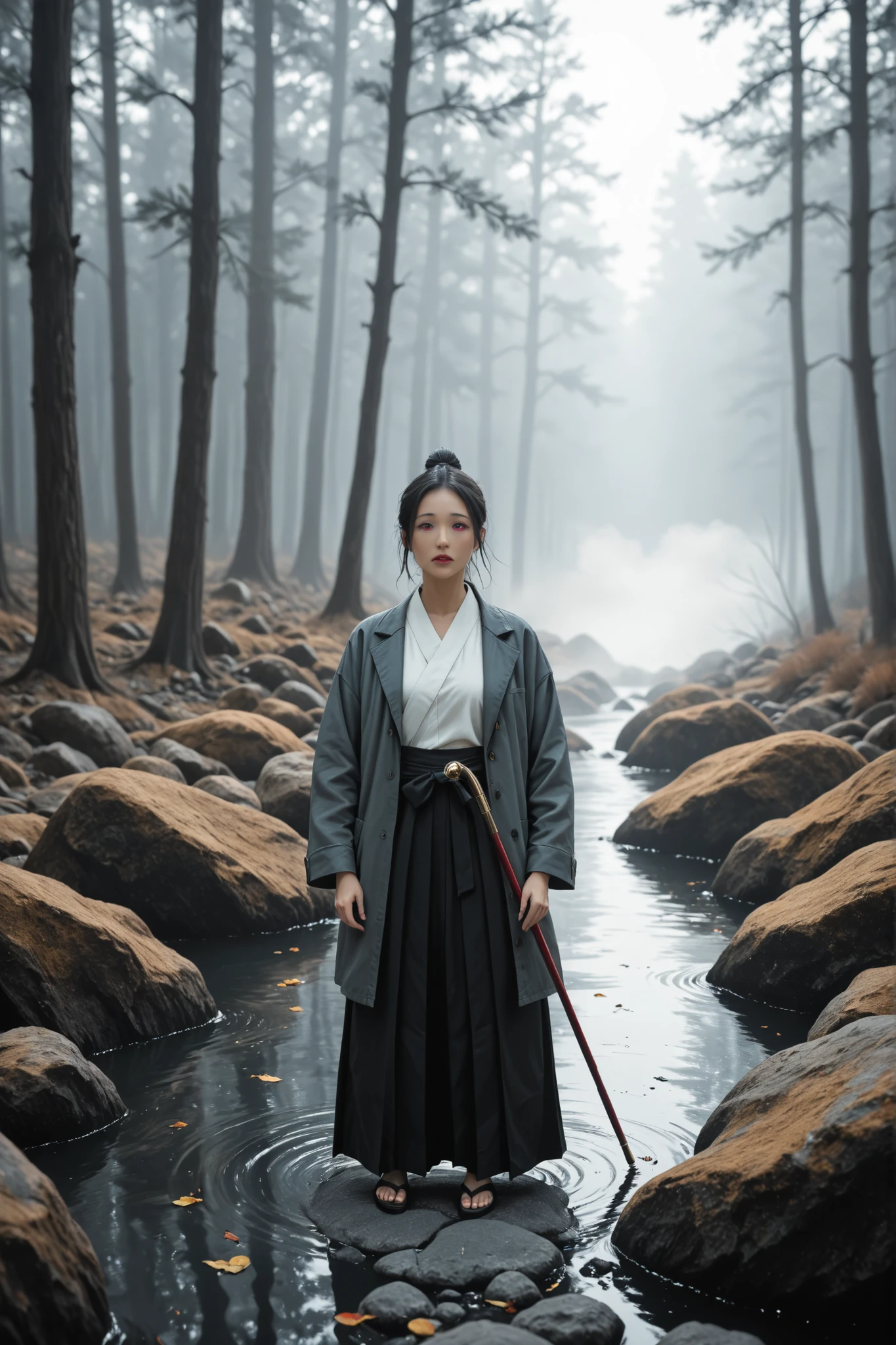 Tengu Standing in Rock,Red Face,Long Nose,expression representing dignity, Wearing a Black and White Hakama,draw a coat,(feather )with a cane,Hygeta,Misty forest background,Characterized by a Modern Arrangement, scattered juice ,Soft Tones with an Overall Blue Gray and Green Base,Using White or Light Blue as Fog,create a tastic atmosphere,gold and vermilion decoration, Contemporary Art Collage ,Collage Art work, New Album Jacket,great job!!, digital collage ,Collage Art , contemporary collage,Mixed Media Collage , High Definition , surreal style in Las Vegas ,asymmetry,Visualizing the Inner World of a Crazy Mind,in detail down to the smallest detail, Hidden Details , Radical Japanese Anime ,Anime Ukiyo-e Style