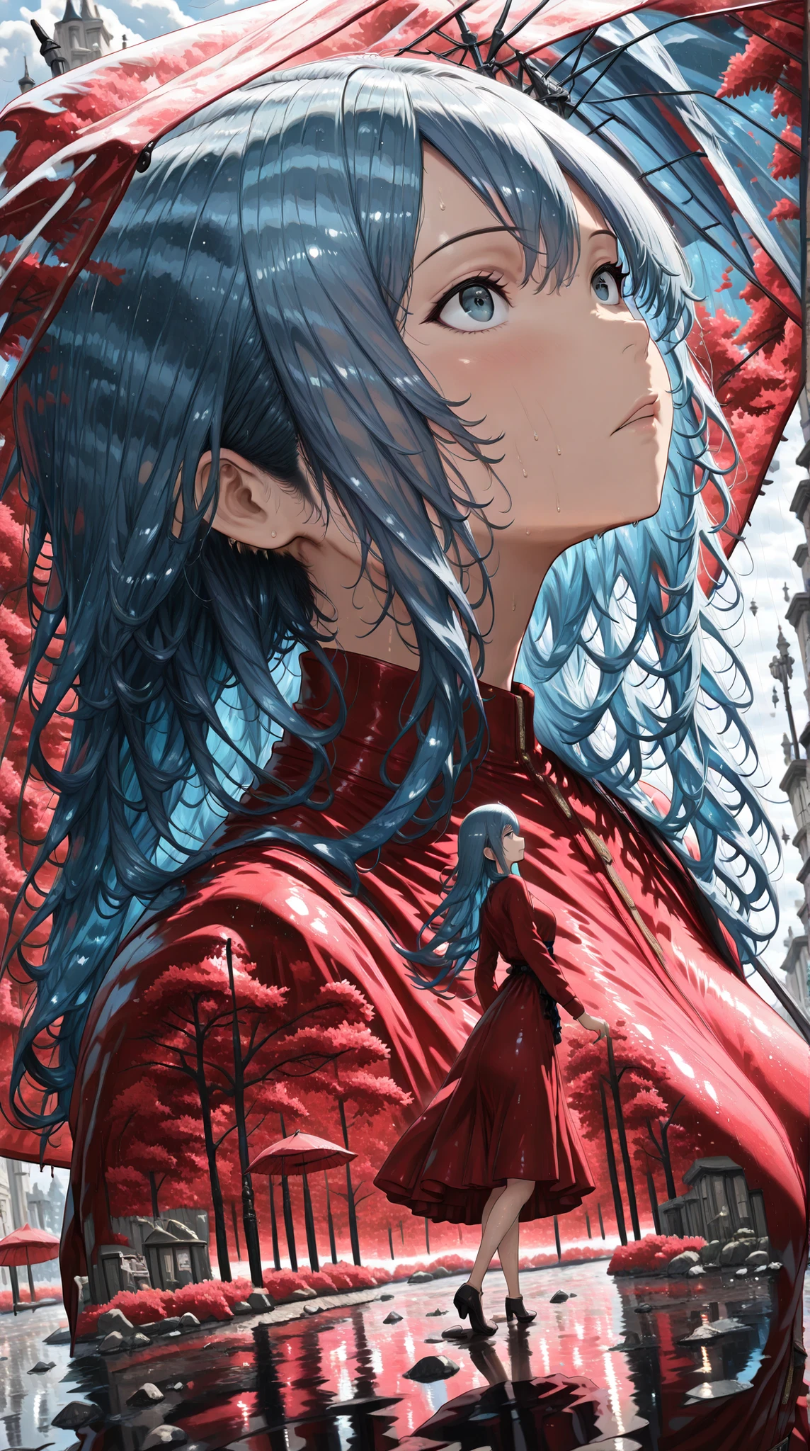 cinematic, (masterpiece), (best quality), (ultra-detailed), very aesthetic, illustration, realistic illustration, perfect composition, intricate details, absurdres, (anime, masterpiece, intricate:1.3), (best quality, hires textures, high detail:1.2), (4k),(incredibly detailed:1.4),realistic shadow,  in the heavy rain、Woman dancing in the heavy rain、(Soaked Hair:1.2)、Famous scene from the movie , It is freedom,look up at the sky, Dancing without an umbrella,angle from the sky,above, The umbrella is on the ground,in a dynamic motion,wearing red dress , double exposure, 人を怖がらせ続けるには、恐怖の原因や正体がはっきりしないほうがいい。そして、恐怖の印象を深く残すには、これから怖い事が起りそうだ、と思った瞬間に、あえて話を終わらせる方がいい。,highly transparent hair