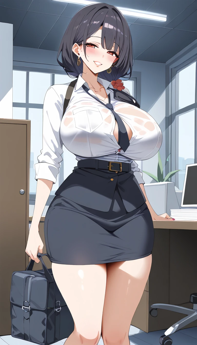 masutepiece, excellent, (Office: 1.8), Ultra-high-definition CG rendering, Standing, 1 Royal Sister, angry, Woman with short tanned hair, layered dress, Hands folded at the waist,  Illustration, Wide-angle panorama,bbw、huge-breasted、