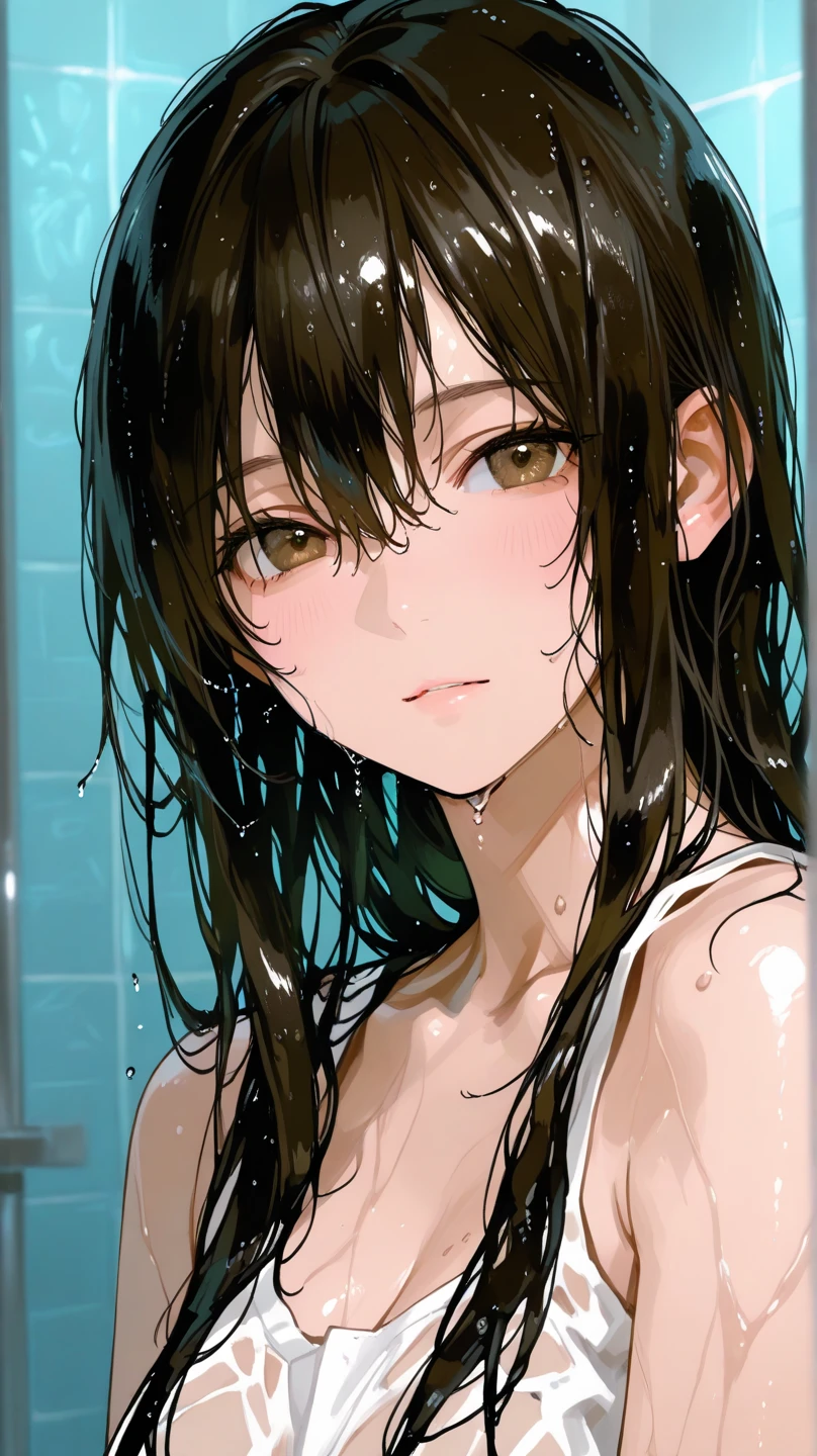 anime, Character, girl in a shower, looks at the viewer, dark long hair, black brown eyes, slight smile, brown eyes, transparent bra