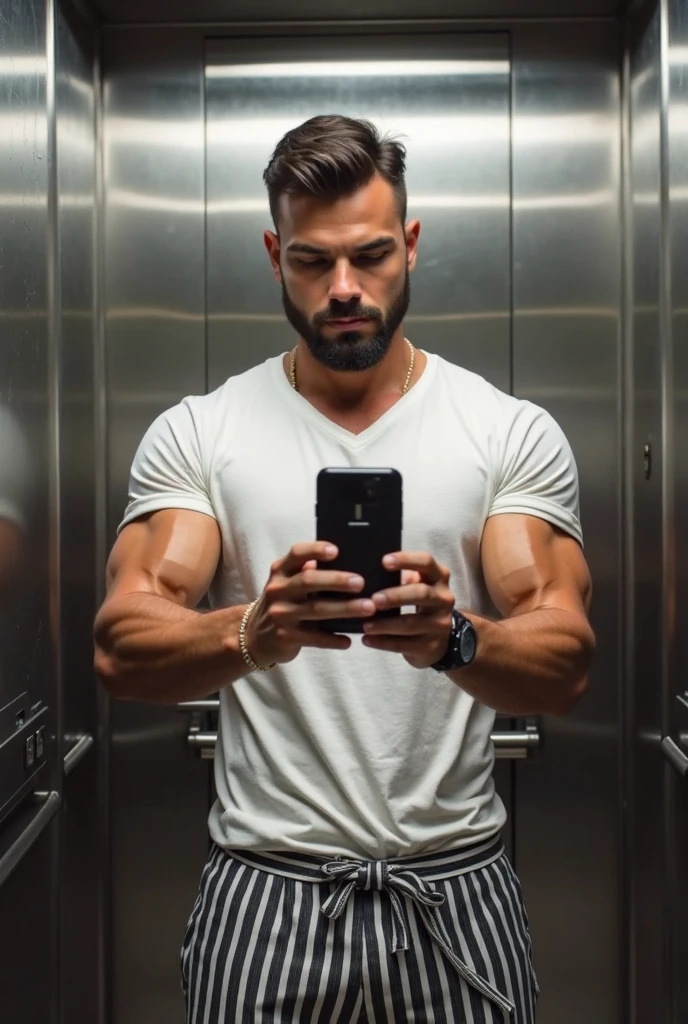 Strong, hairy mixed-race man, standing, smiling, showing a black credit card with the words “RIBEIRO” written on it.