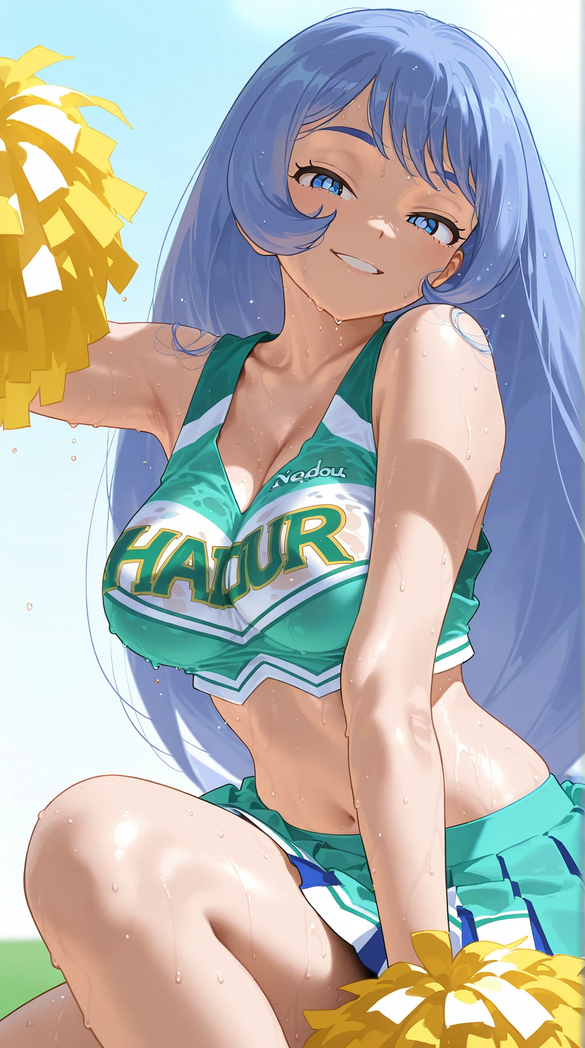 ram invader, Ram-chan、detailed breasts, anime dick, (tiger print cheerleader: 1.2), （white panties:1.4）,muste piece, best quality, open mouth, tooth, ultra-detailed breasts, Yellow eyes, cute eyes, detailed face, a cute girl, Green hair、Demon Horns、big chest, red face, (wet with water: 1.2), Generally poor breasts, areola slip, (Position where panties are visible:1.5), (beautiful breasts: 1.2), (with a bright light source: 1.2), (heart shaped pupils opening their clothes: 1.5)