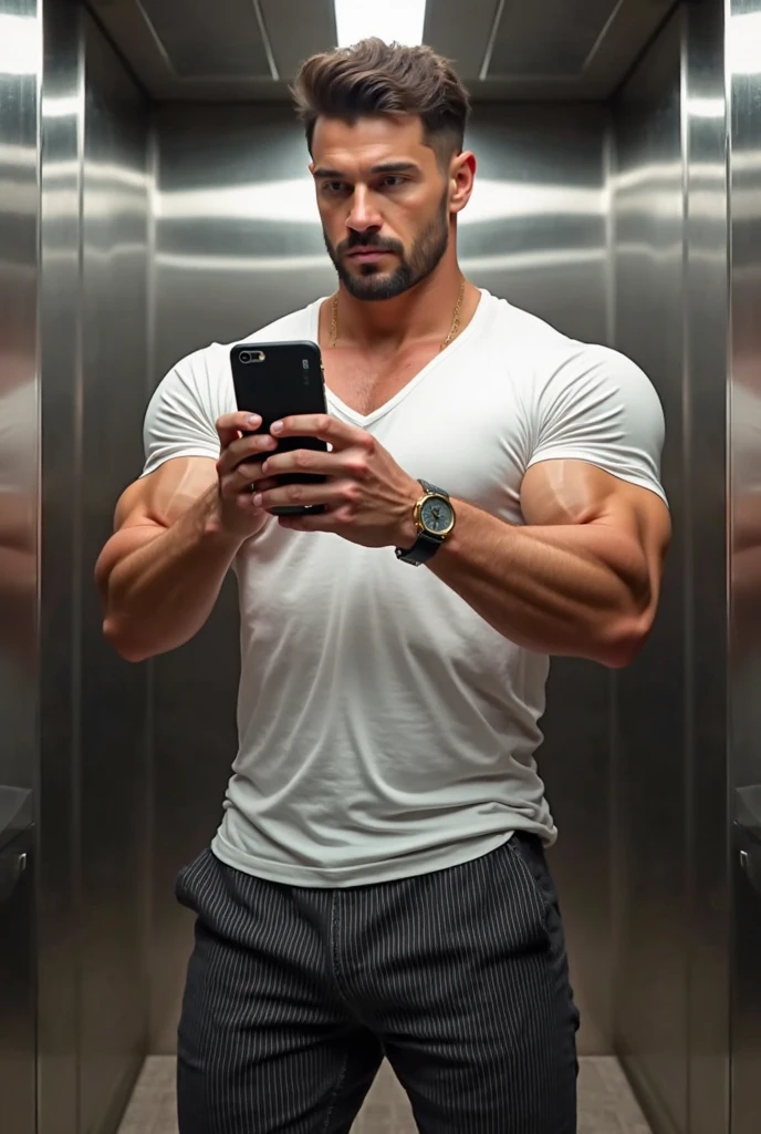 Character named "Nobita" , masculine, muscle, alt boy look, e-boy look, grunge, black sleeveless top, silver chains, silver bracelets, selfie in front of mirror pose, textured french crop hairstyle, silver spectacles, thin trimmed mustache
