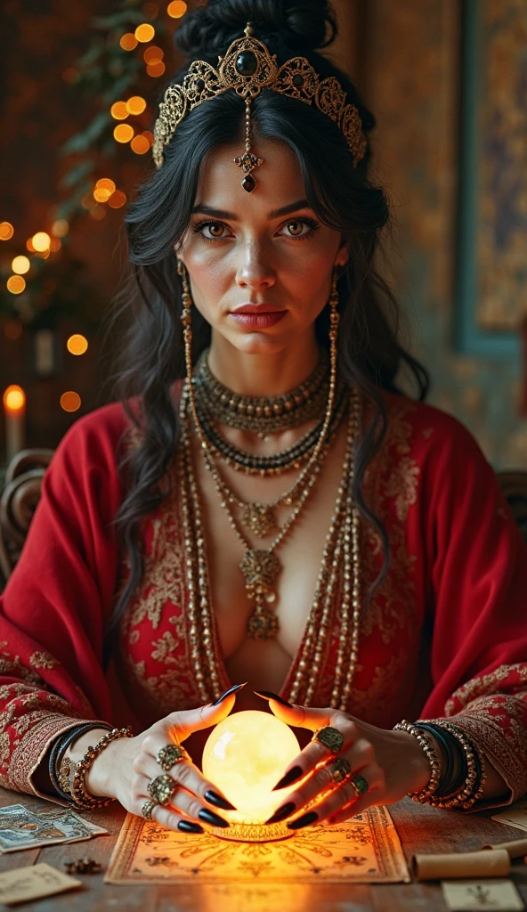 a fortune teller, with cards under the table, she is sitting at the fortune teller's table looking directly at the camera realistic image, with high 8k quality