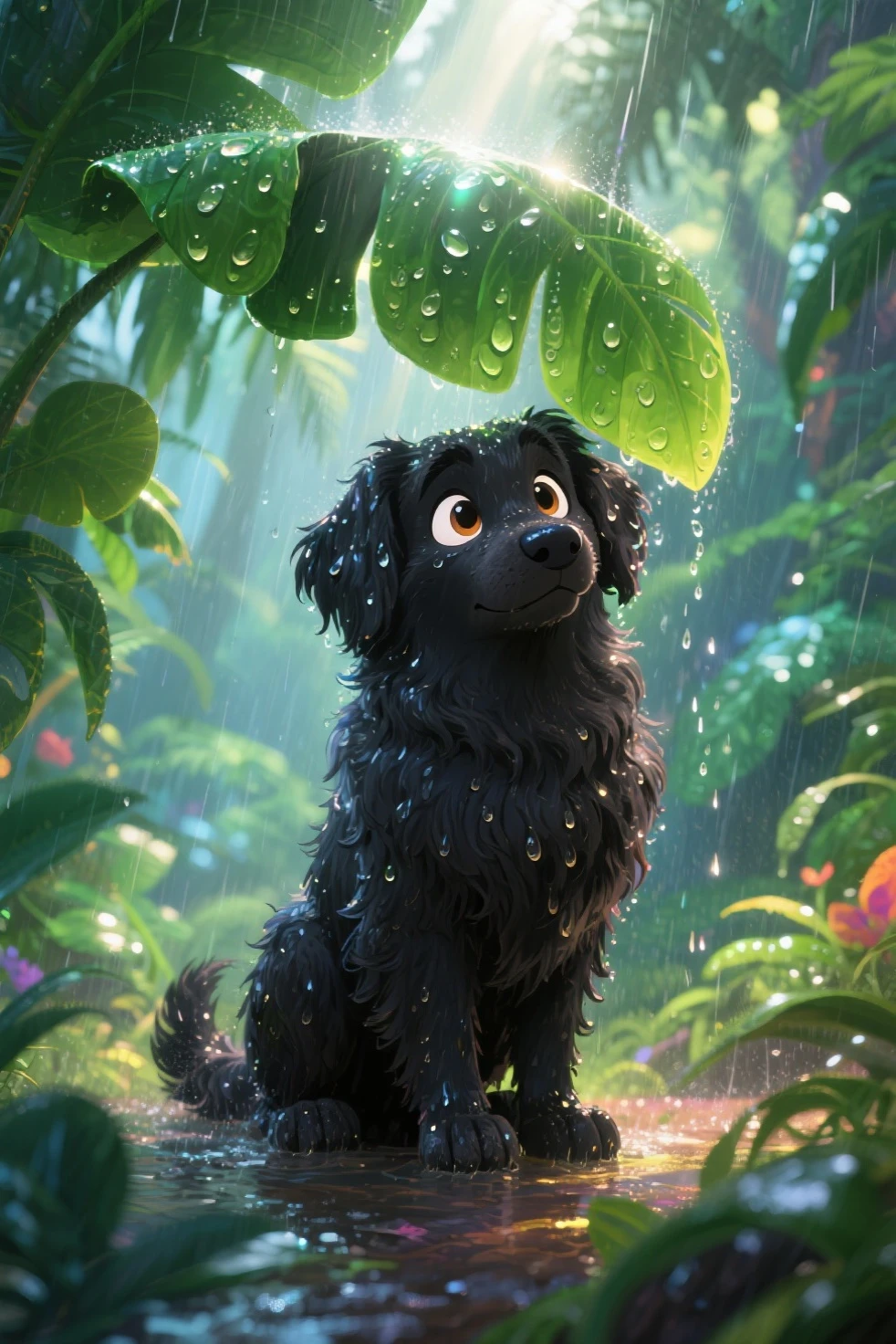 masterpiece, Hyper-realistic, high detail, best image, A fluffy black dog with wide shimmering eyes crouching under oversized lush green jungle leaves as rain pours around. Sunlight breaks through the canopy, creating glowing reflections on the wet fur and droplets. The environment is vibrant, magical, and dreamlike - detailed textures, colorful lighting effects, lush background foliage. Blend of cartoon and realism style, masterpiece illustration, cinematic perspective, in a dramatic and dynamic Disney animation meets photorealistic painting.