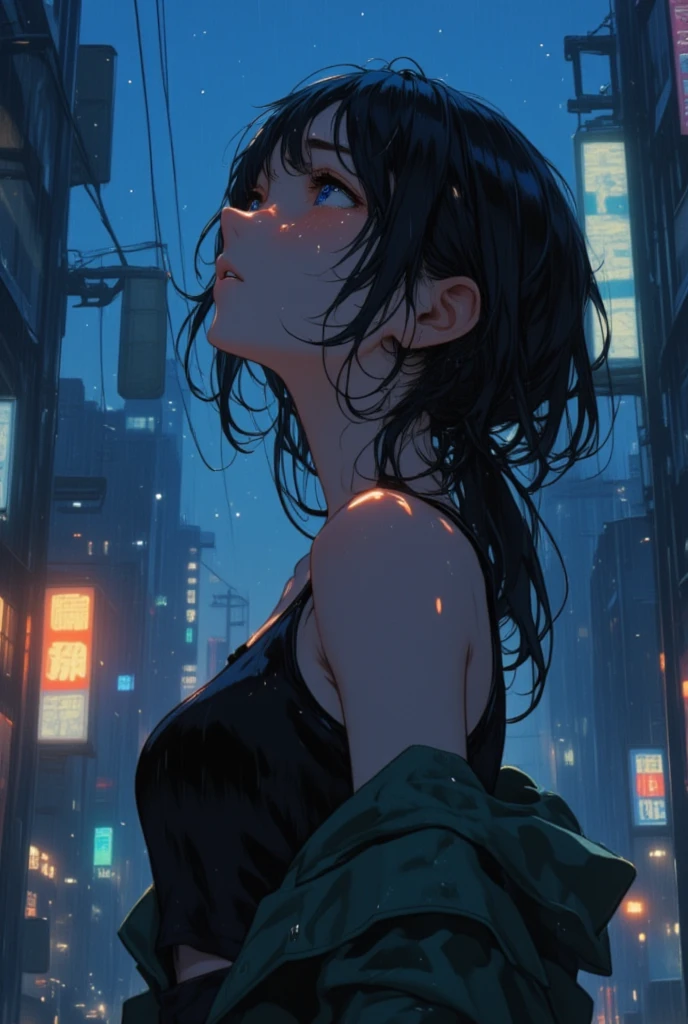 night、Girl listening to music in a cozy room, Use headphones, 2D Style Anime,  Rain outside the window、Analog Color Theme、Ghibli style、neon, naked, completly naked, close up, detailed background, chill, detailed outdoor, detailed face, city light