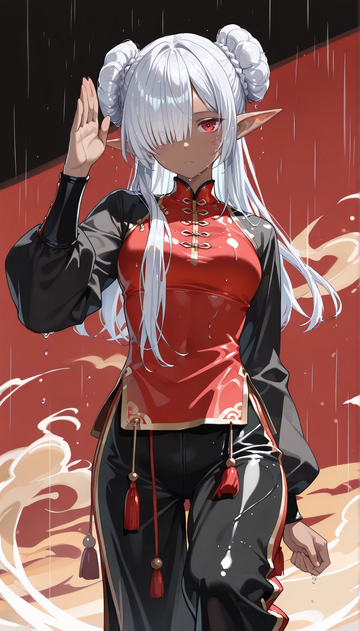 ( masterpiece , best quality , high quality ,8k,) girl elf (dark-skin:1.4).(silver-short-bob-bun-hair:1.4) Rain-soaked hair. wet-hair (red Kung fu clothing :1.4) (pants:1.4) (long-sleeves:1.4) tights (hair over one eye, bangs, long bangs, :1.4) red-eyes .sadly high-fnatasy-style ciity street hard-rain