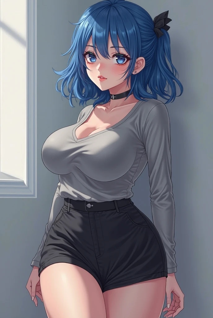 My name is Akari., I am a white test woman with long dark blue hair , turquoise eye color  . I am 1.62 cm tall and weigh 47 kg. My breasts measure 260 cm, my waist 40 cm and my hips 240 cm. Dressed in a tight, low-cut pink blouse along with short black shorts  . With big breasts 260 cm