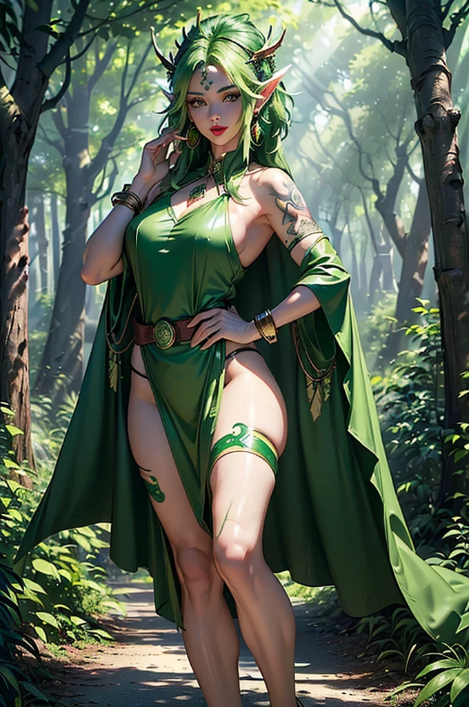 1 with forest sexy clothes, flowers, leaves, mandalas, fractal, woman, huge breasts, wide hips, tall, sexy legs, voluptous, legs slightly apart, arms up, gloves