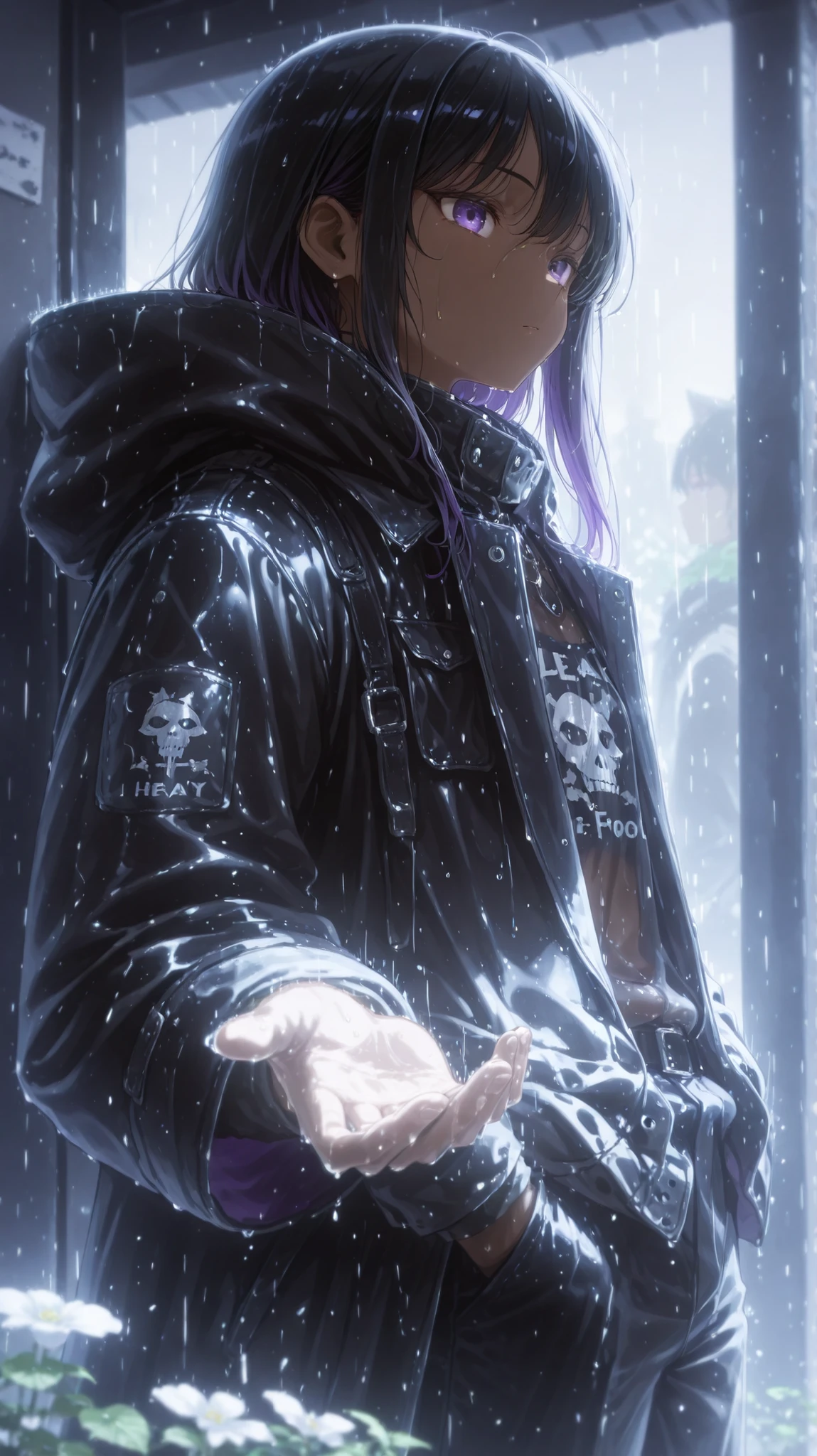 A dark-skinned boy with purple eyes black hair using by a black coat and cargo pants with both hands in your pocket under heavy rain And fog