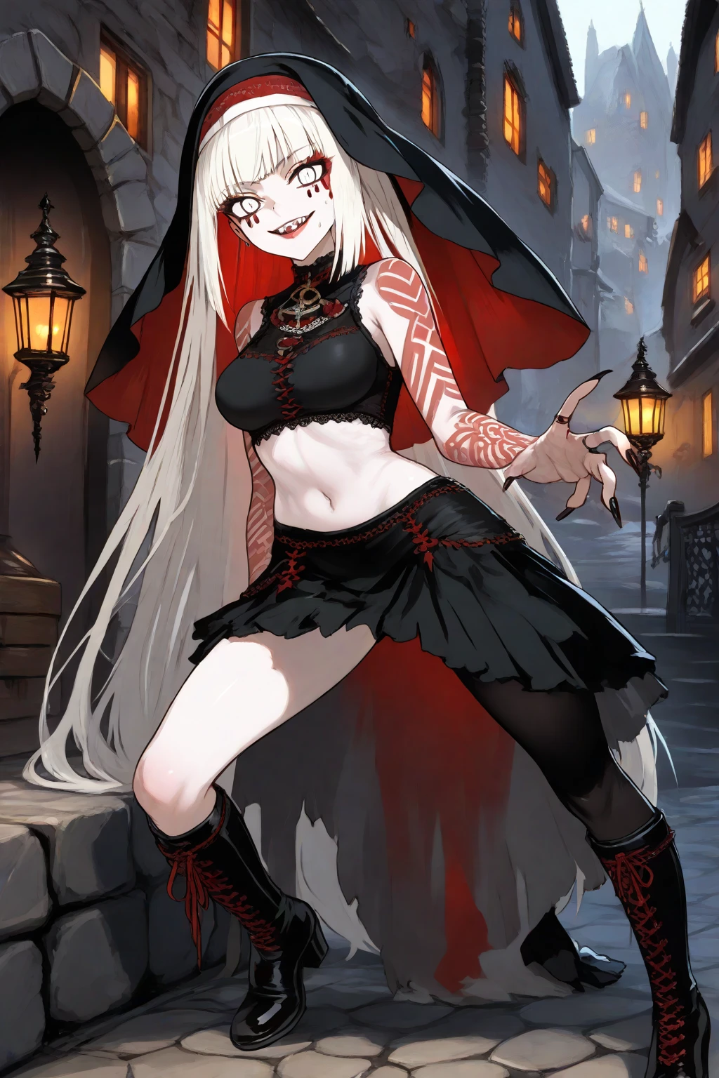 (Ashenhardt style:1.4), Masterpiece, Best quality, High quality,(Red eyes with dark red glow), (in profile), Abstraction, Deep Sea, Award-winning photography, Depth of field, HDR, Very detailed, Trending in art station, Trending in CGsociety, Complex, High detail,(Masterpiece: 1.2, highest quality), (Best lighting, very delicate and beautiful), (Best lighting, Very delicate and beautiful), (beautiful detailed face), (detailed eyes and detailed face:1.2), dark fantasy, (young girl, 1girl, solo, crazy smile, pale skin,G cup,cleavage,19 piercings,((tattoo all over body,tribal tattoo all over foot)) gray hair, red glowing eyes, dynamic angle, vampire), ((back art paint on the ground, pointy_ears, fangs, blood on face, blood rain, blood mist, (depth of field),high contrast,(blood splash:1.4),cowboy shot,full body, colorful poses,((Uniform,Blazer,Ruffled miniskirt,Light colored panties:1)),Cowboy shot,Denim jacket,